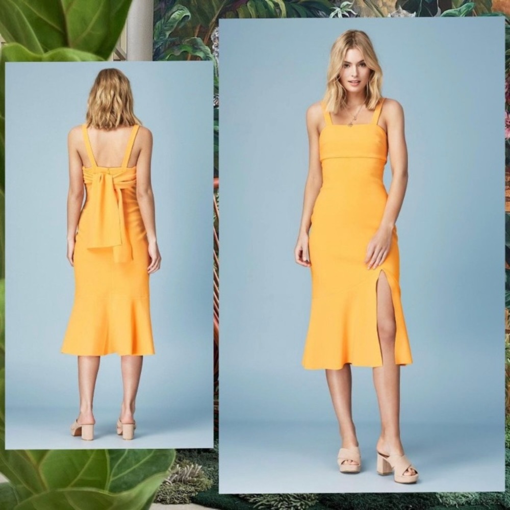 NWT FINDER KEEPERS Yellow Square Neck Front Slit Midi Dress XS Crepe Flounce
